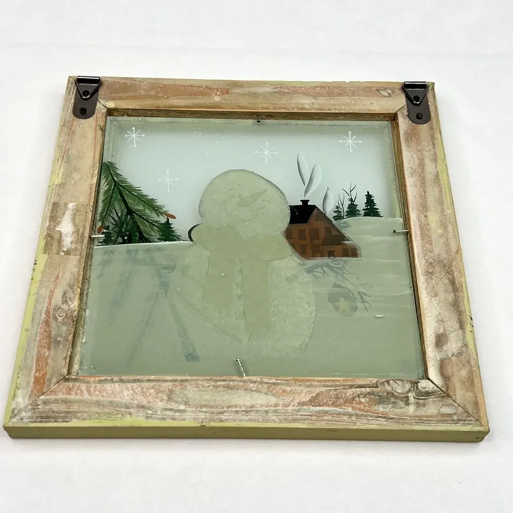 Vintage Country Snowman Painted Windowpane Art